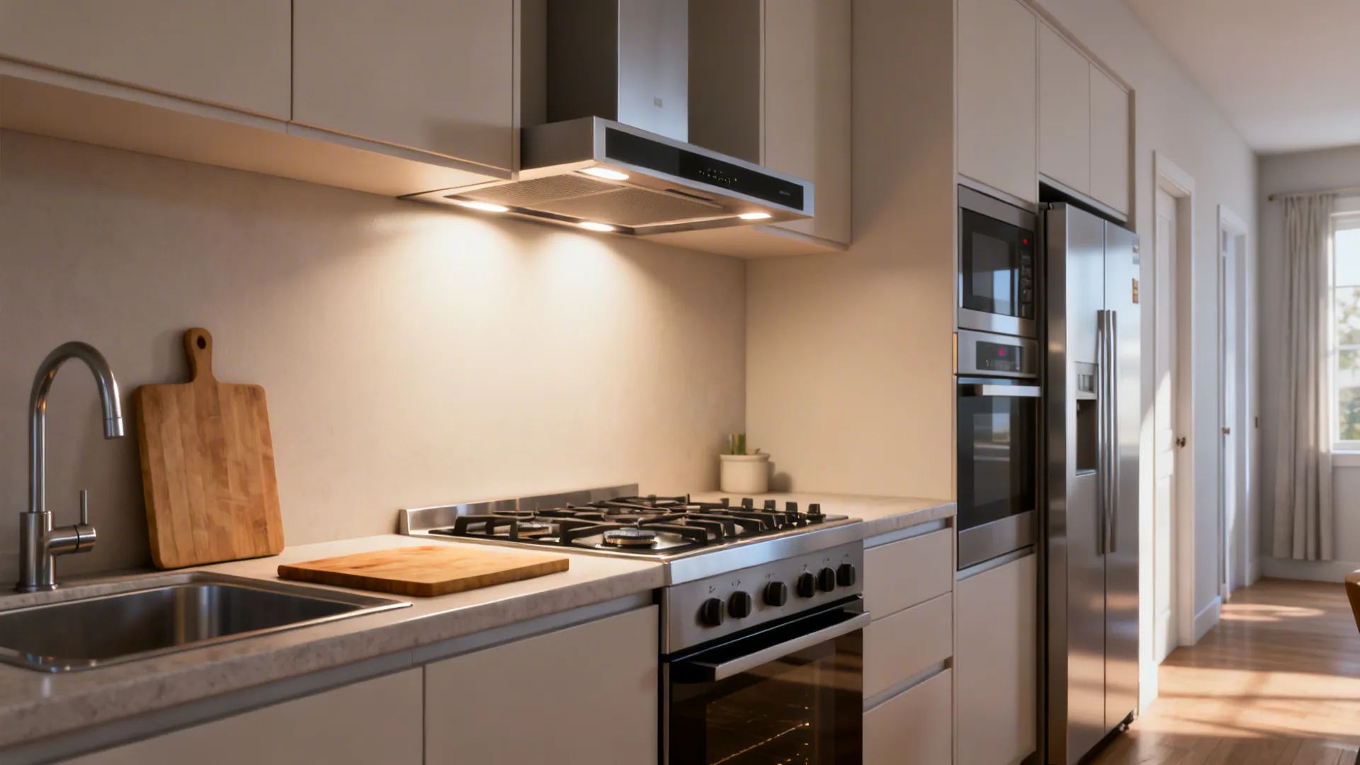 Compact kitchen with prep by the sink, cooktop under a baffle-filter hood, and a clear cleanup zone.