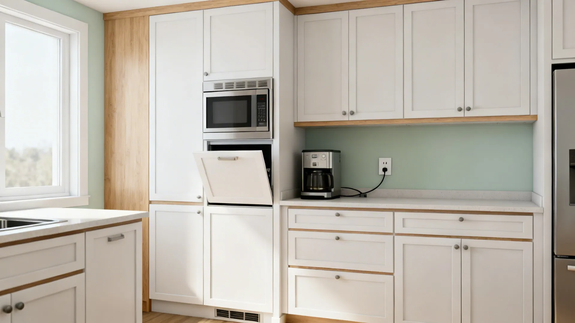 Small kitchen with a tall cabinet microwave, appliance garage, and concealed outlets.