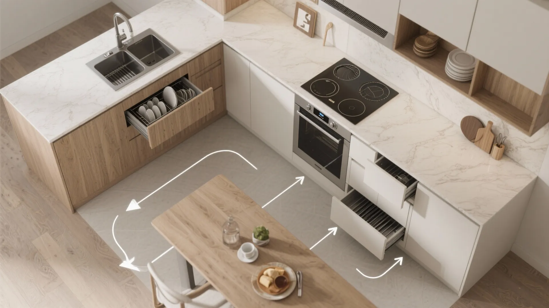Interior design drawing showing kitchen layout with arrows for movement between sink stove and table