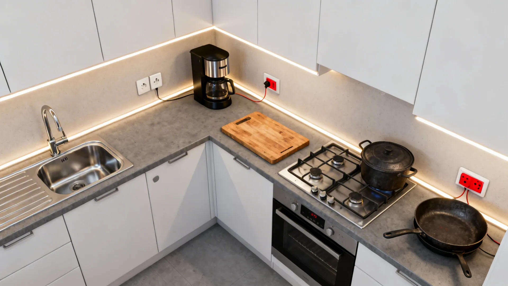 Top-down view mapping coffee, prep, and cooking zones with under-cabinet LED lines.