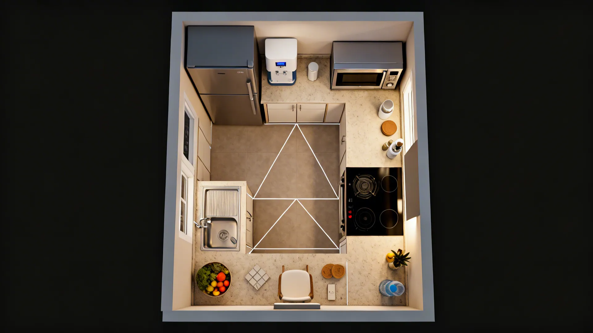 Top-down view showing hot appliances in south/southeast and fridge with RO in north/northeast.