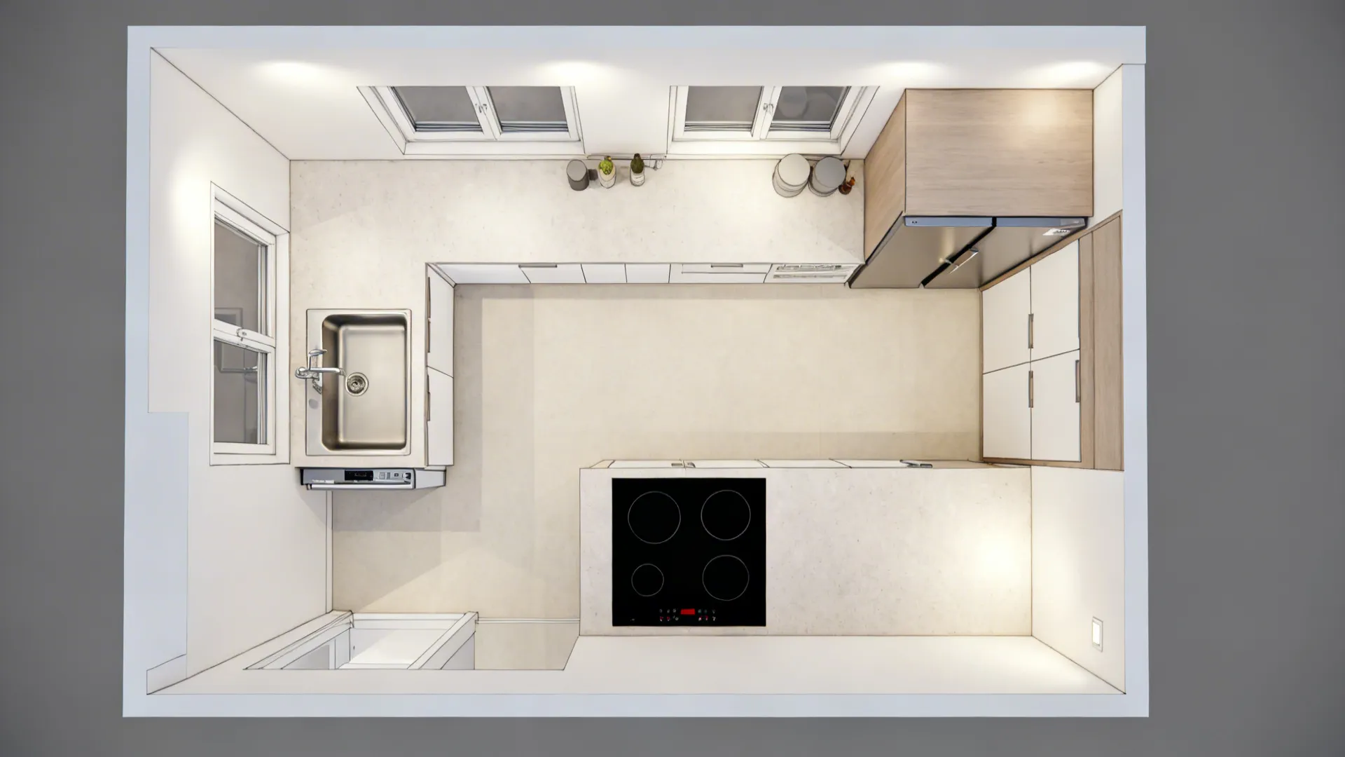 Top-down view of a small kitchen showing slim appliance placement for optimized workflow and clearances.