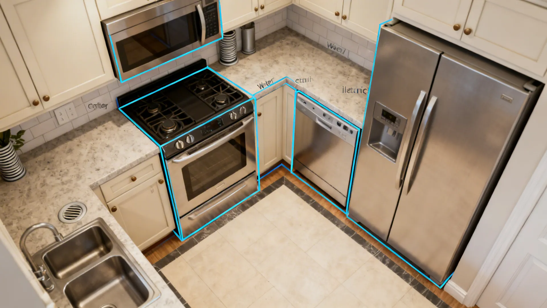 Top-down plan highlighting appliance positions and clear service zones in a small kitchen.