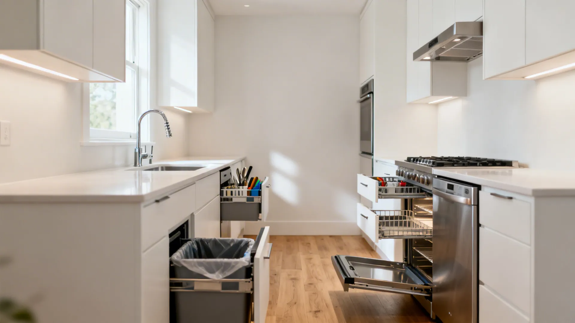 Compact kitchen showing open pull-outs for pantry, trash, and utensil storage near work zones.