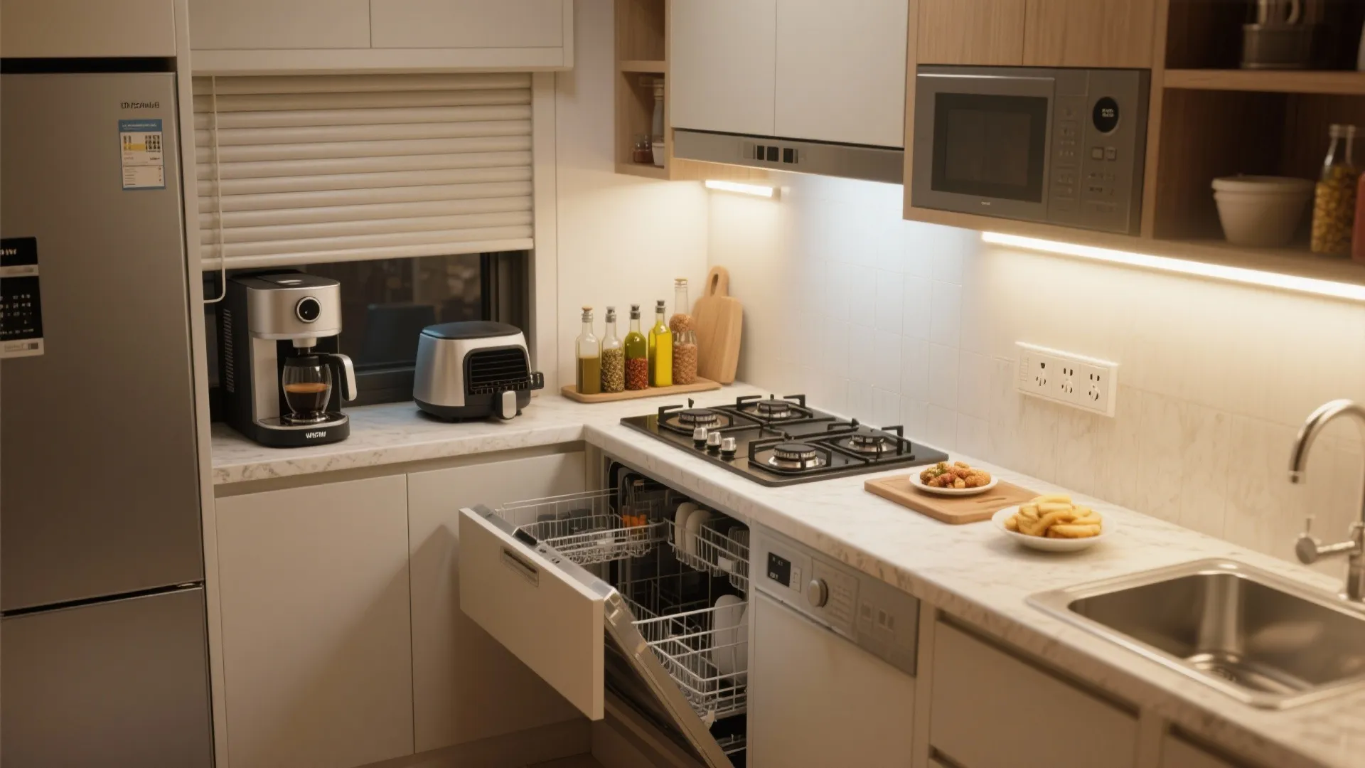 Small kitchen layout showing coffee maker, toaster, gas stove, microwave, and open dishwasher under counter