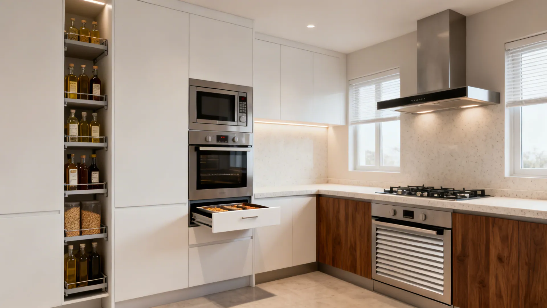Tall unit with stacked microwave and oven, tray drawer, and a corner appliance garage beside the hob.