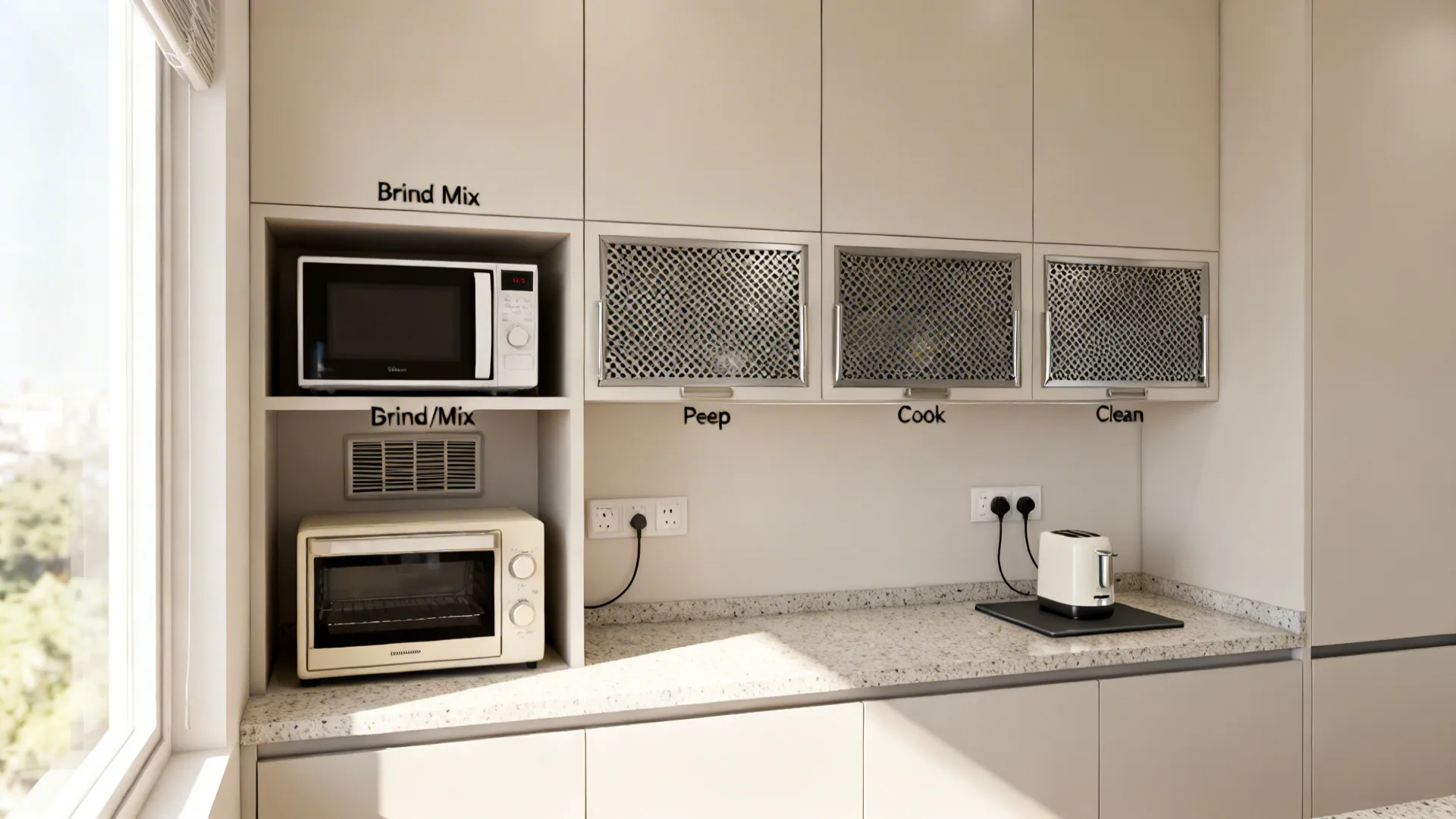Compact kitchen with ventilated appliance niches and clear zones for mixing, cooking, and cleaning.