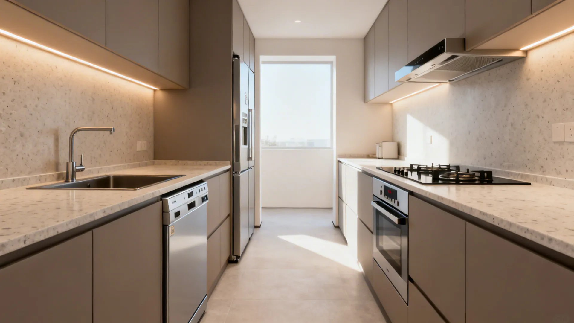 Compact kitchen with counter-depth fridge, 45cm dishwasher, and vented induction