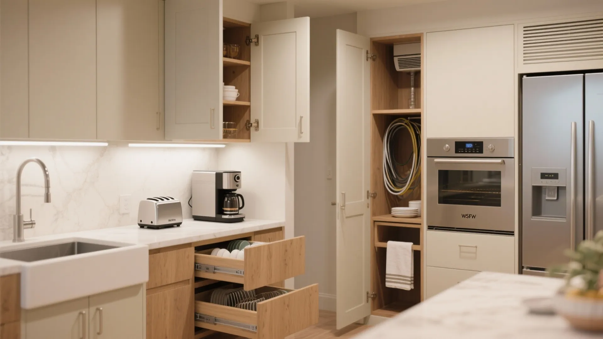 Functional kitchen storage with open cabinets wooden drawers toaster coffee machine and stainless steel fridge