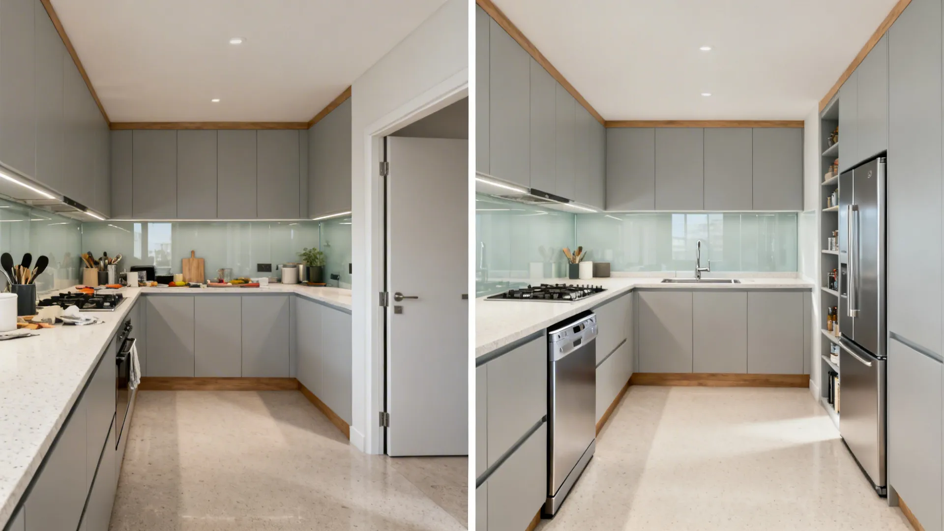 Before-and-after L-shaped kitchen showing cluttered layout versus optimized zones with dishwasher by the sink.