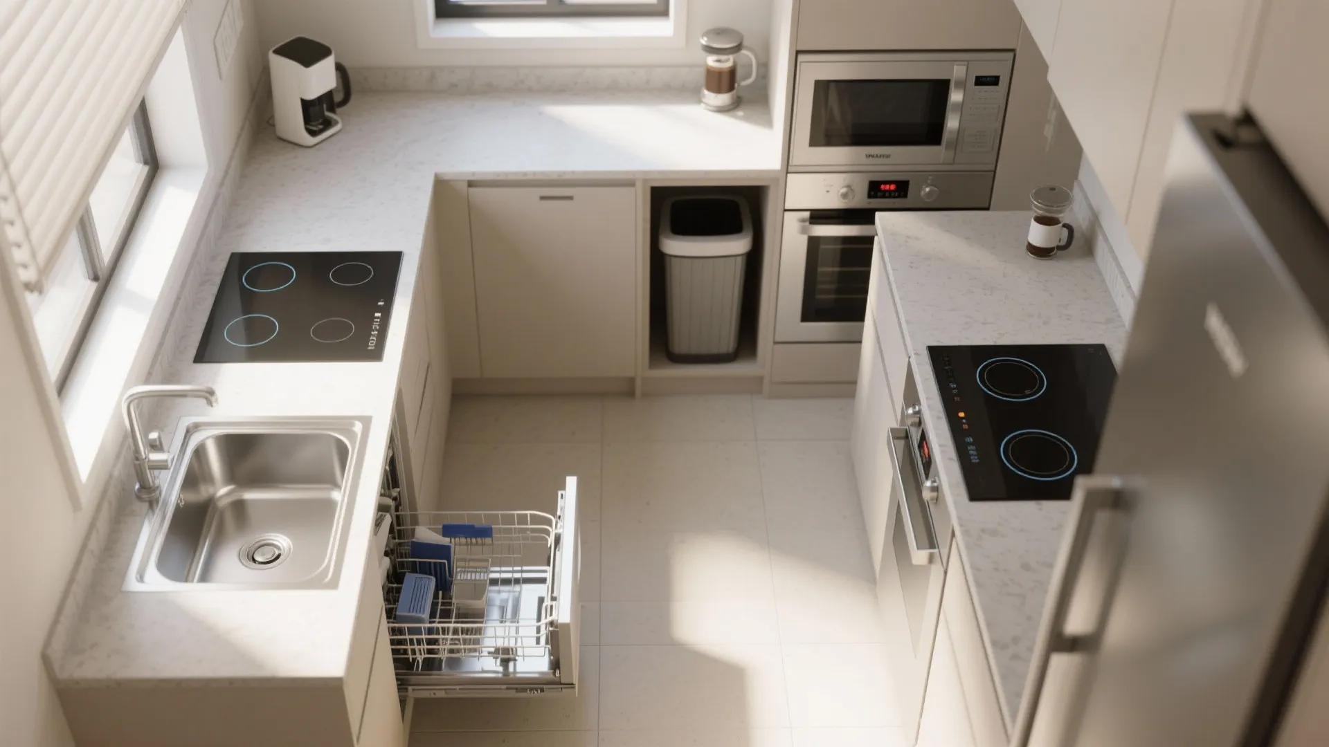 Top view of a small kitchen layout with sink dishwasher oven microwave and white cabinets