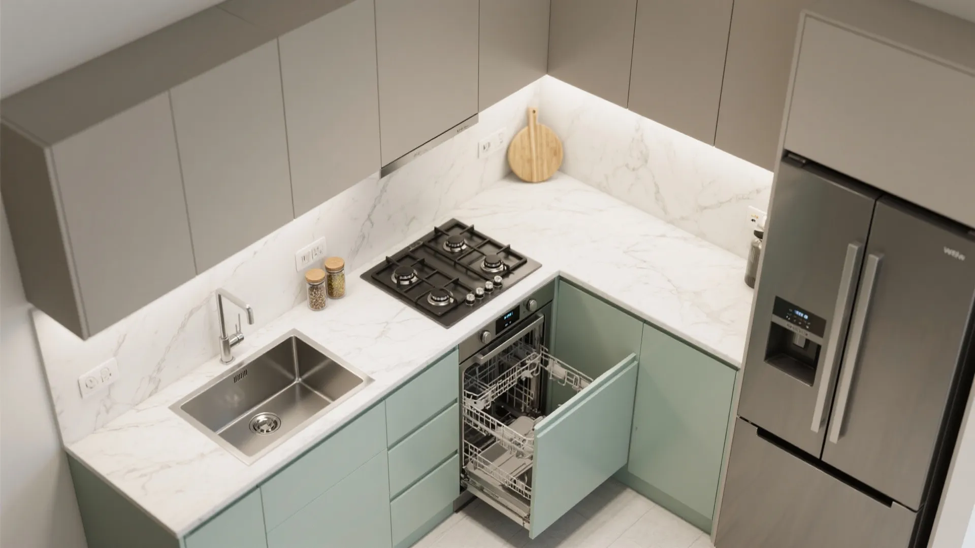 Top view of kitchen with white marble counter stove sink open dishwasher and silver fridge