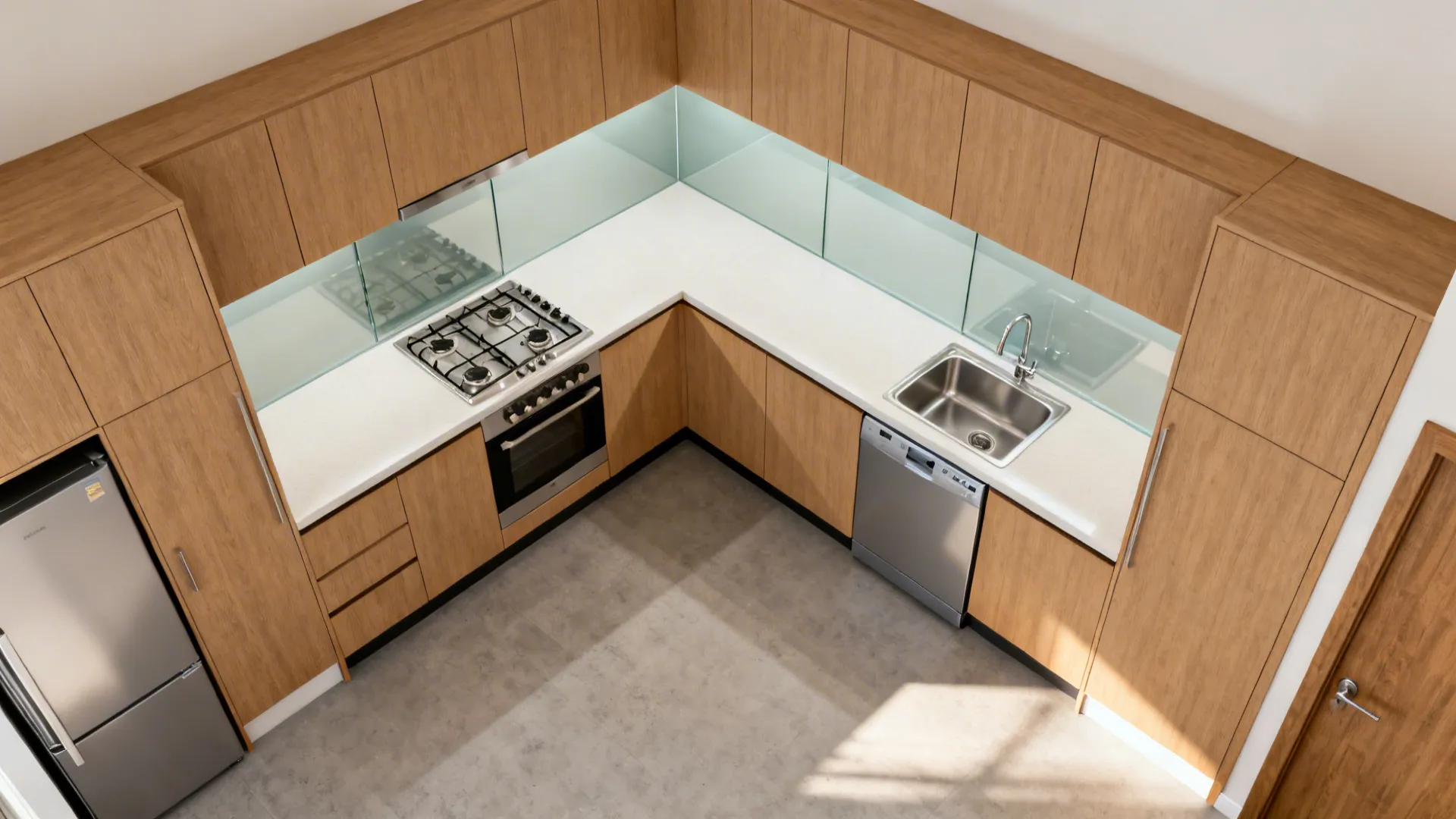 Top-down view of L-shaped kitchen zoning with prep, cook, and clean areas including a slim dishwasher.