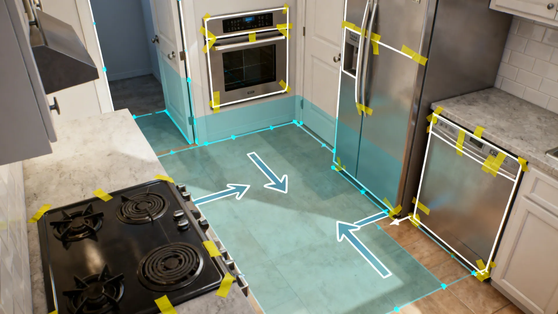 Top-down scene mapping compact appliance positions and door clearances with tape.