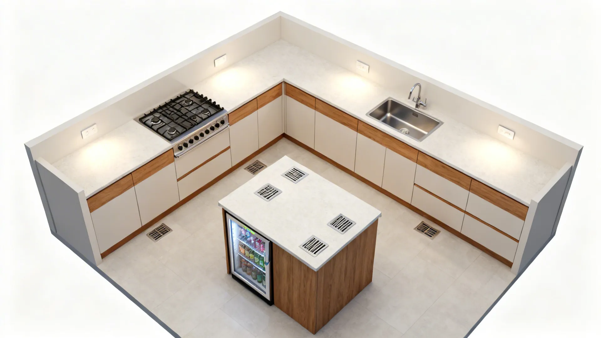 Top-down zoning of cooktop on the long wall, sink on the return, and island for prep with vented beverage fridge.