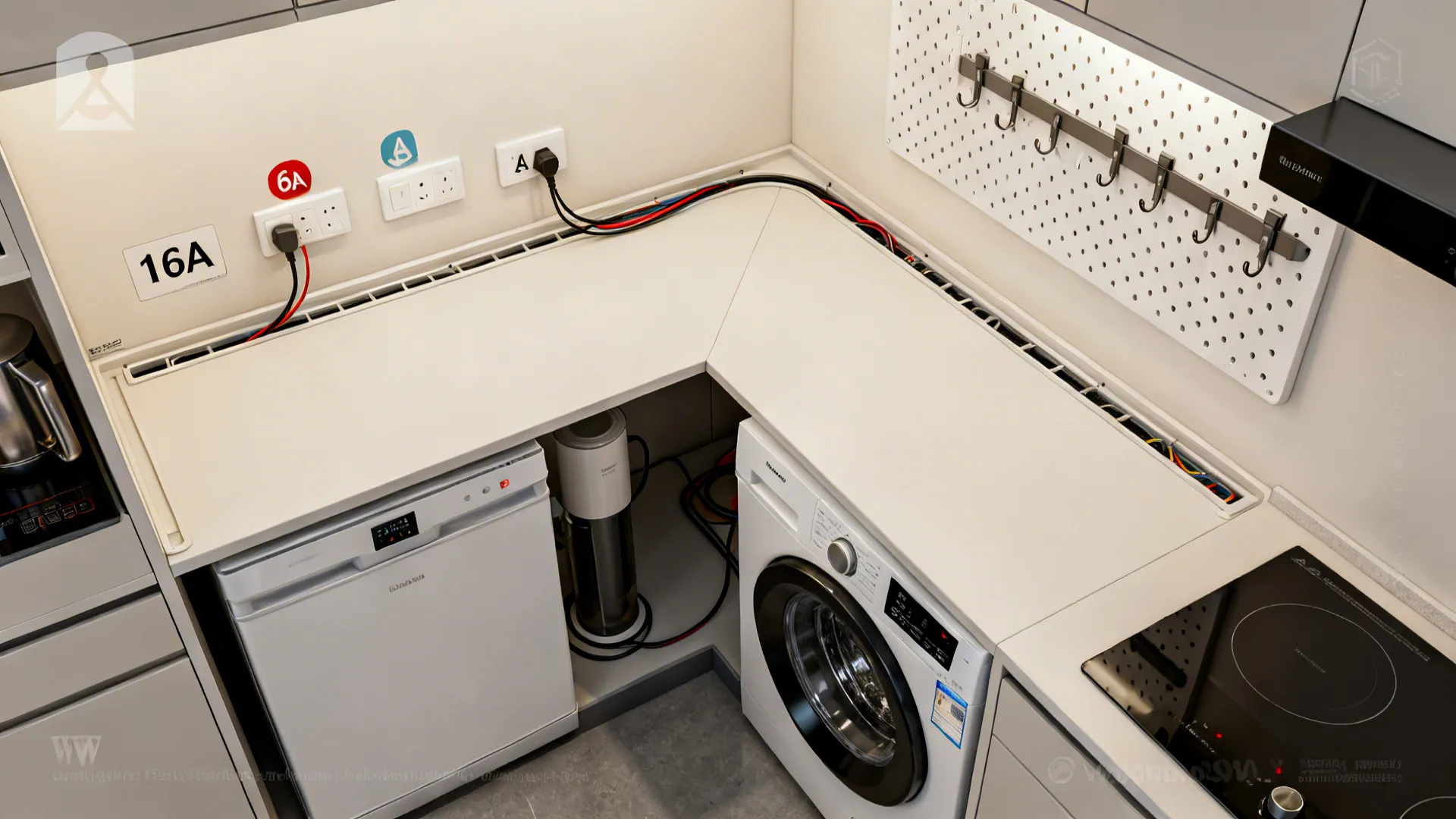 Top-down diagram of an appliance parking zone with outlets and cable management near prep.