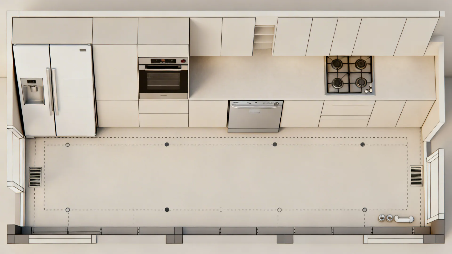 Top-down schematic of appliance zones with clearances and service centerlines.