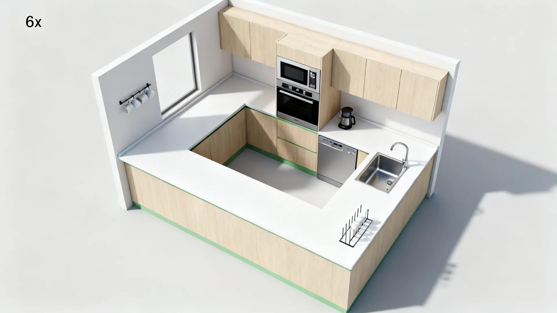 Top-down view of a 6 m² kitchen with stacked oven and microwave and clear prep and clean zones.