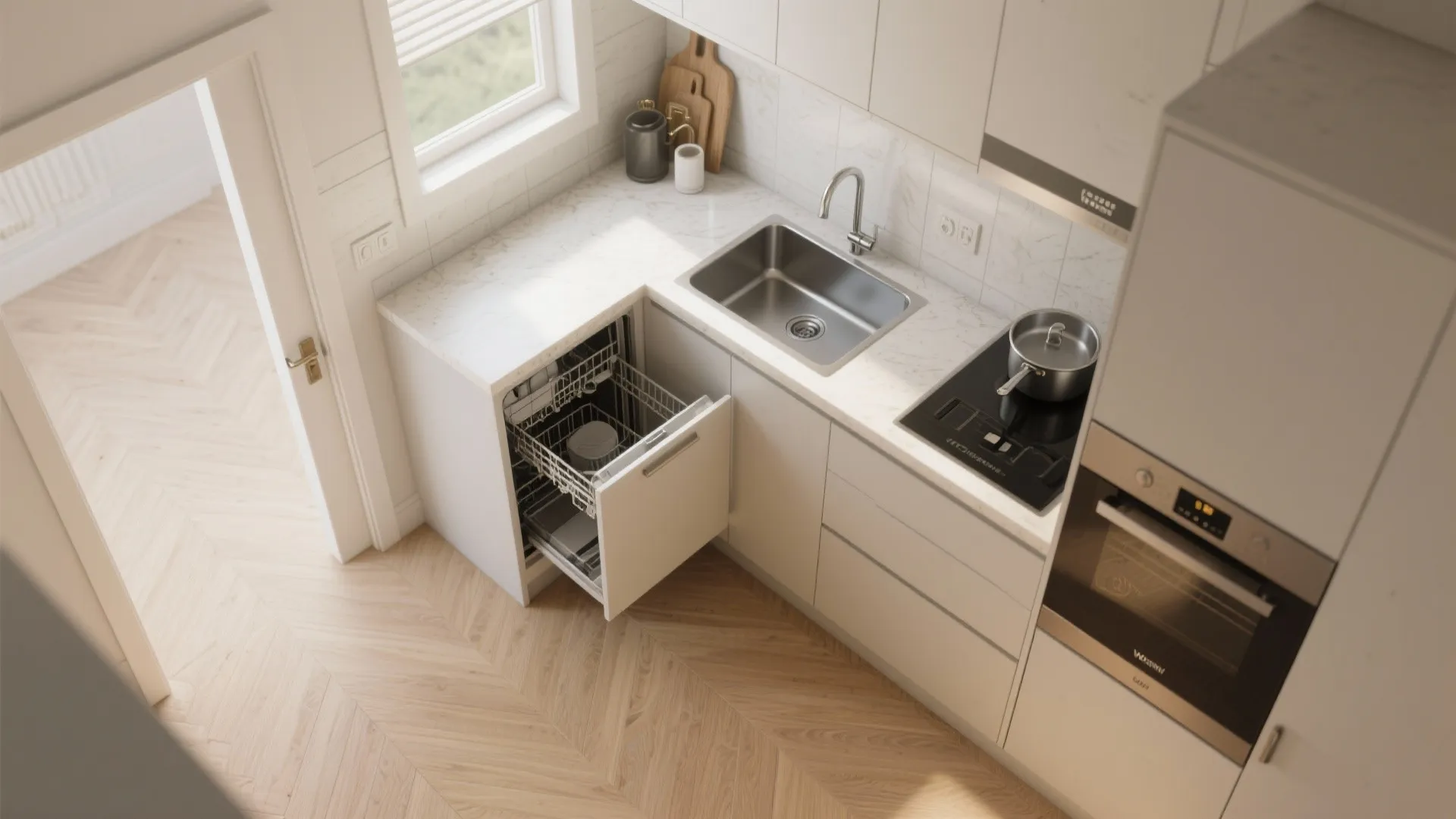 Top view of a small kitchen corner with open dishwasher sink stove and white cabinets