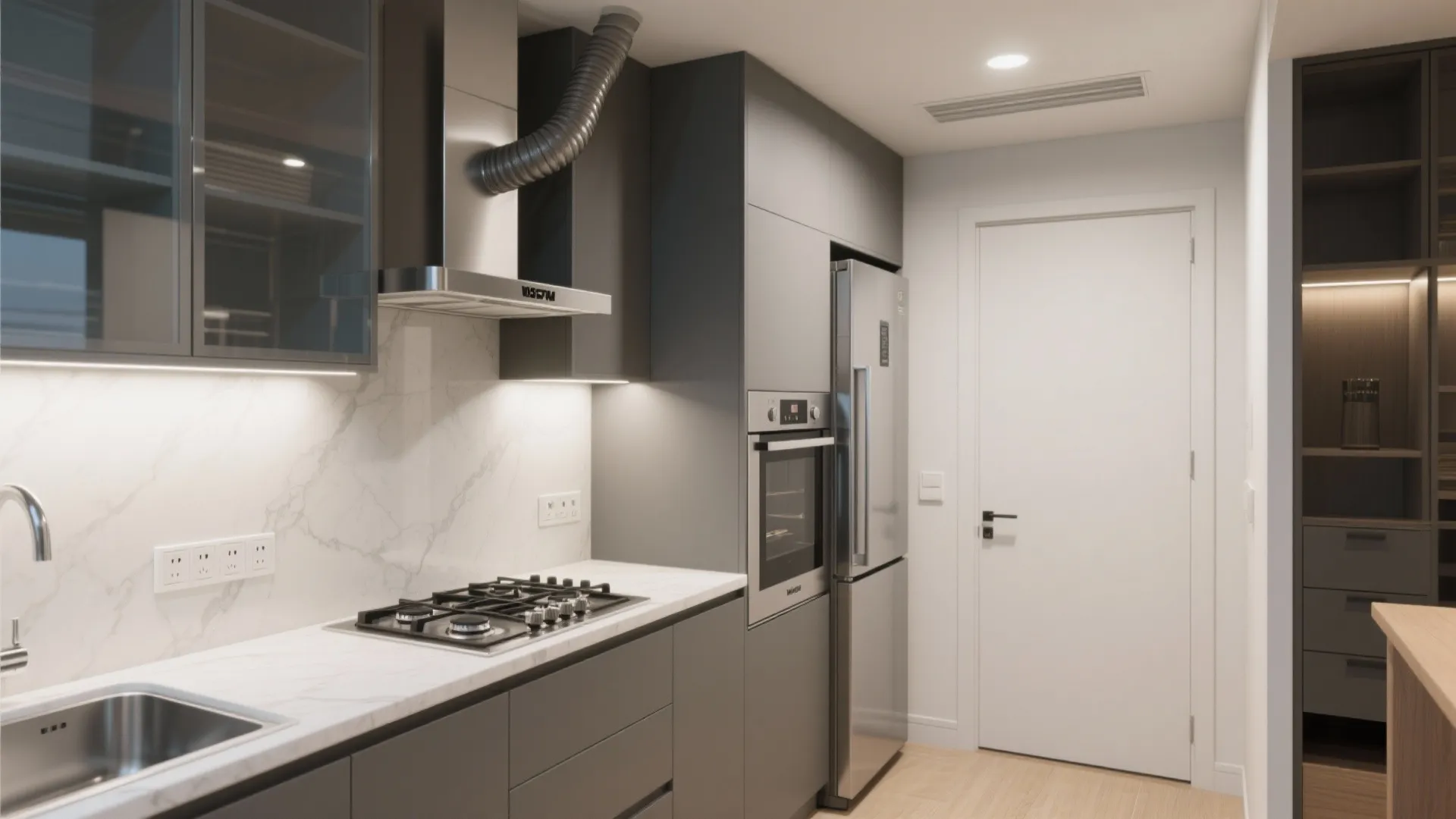 Small kitchen with hot and cold zones separated and a ducted chimney for ventilation.