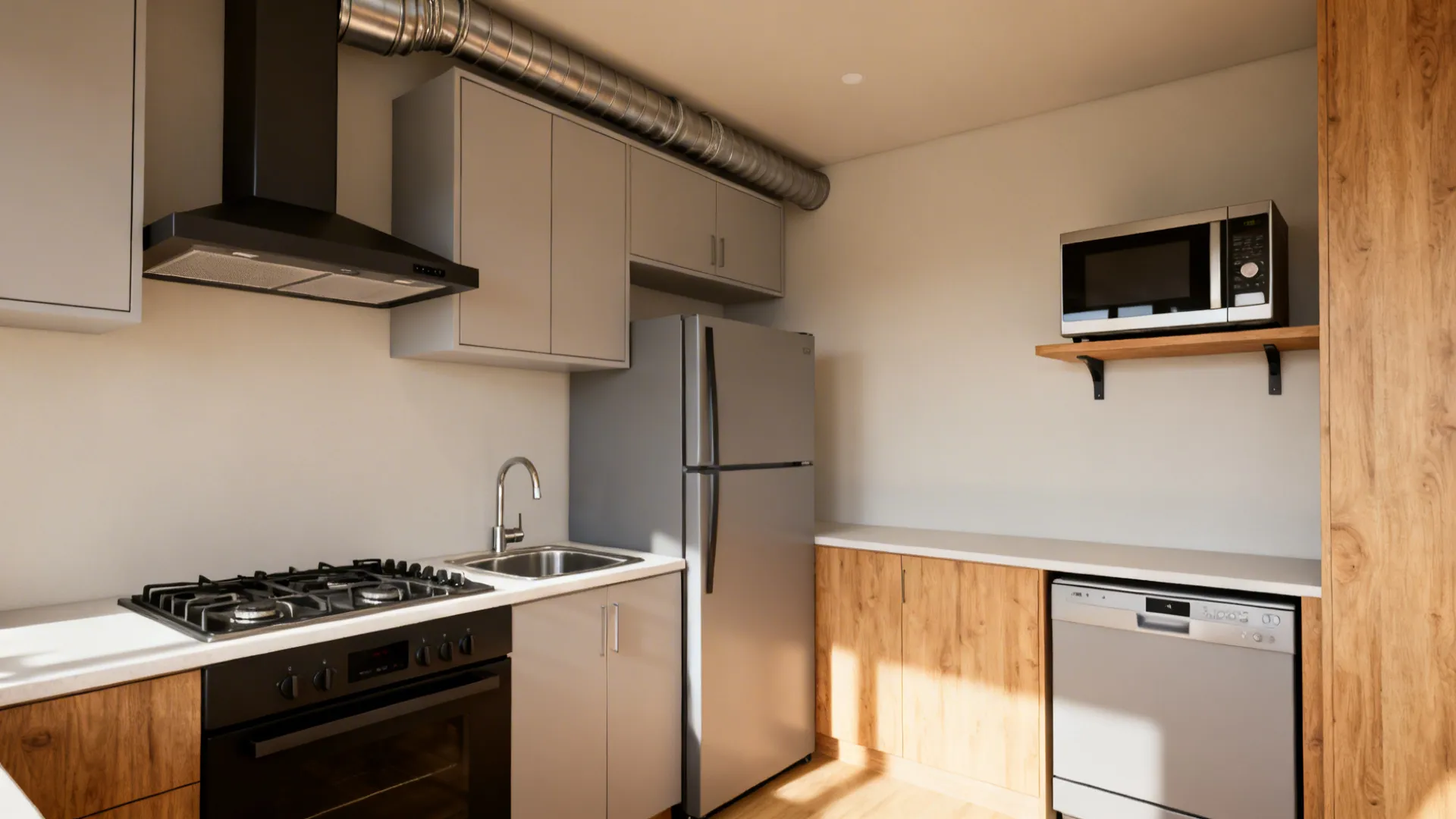 Cooktop, hood, and prep sink grouped with fridge set away and wall-shelf microwave.