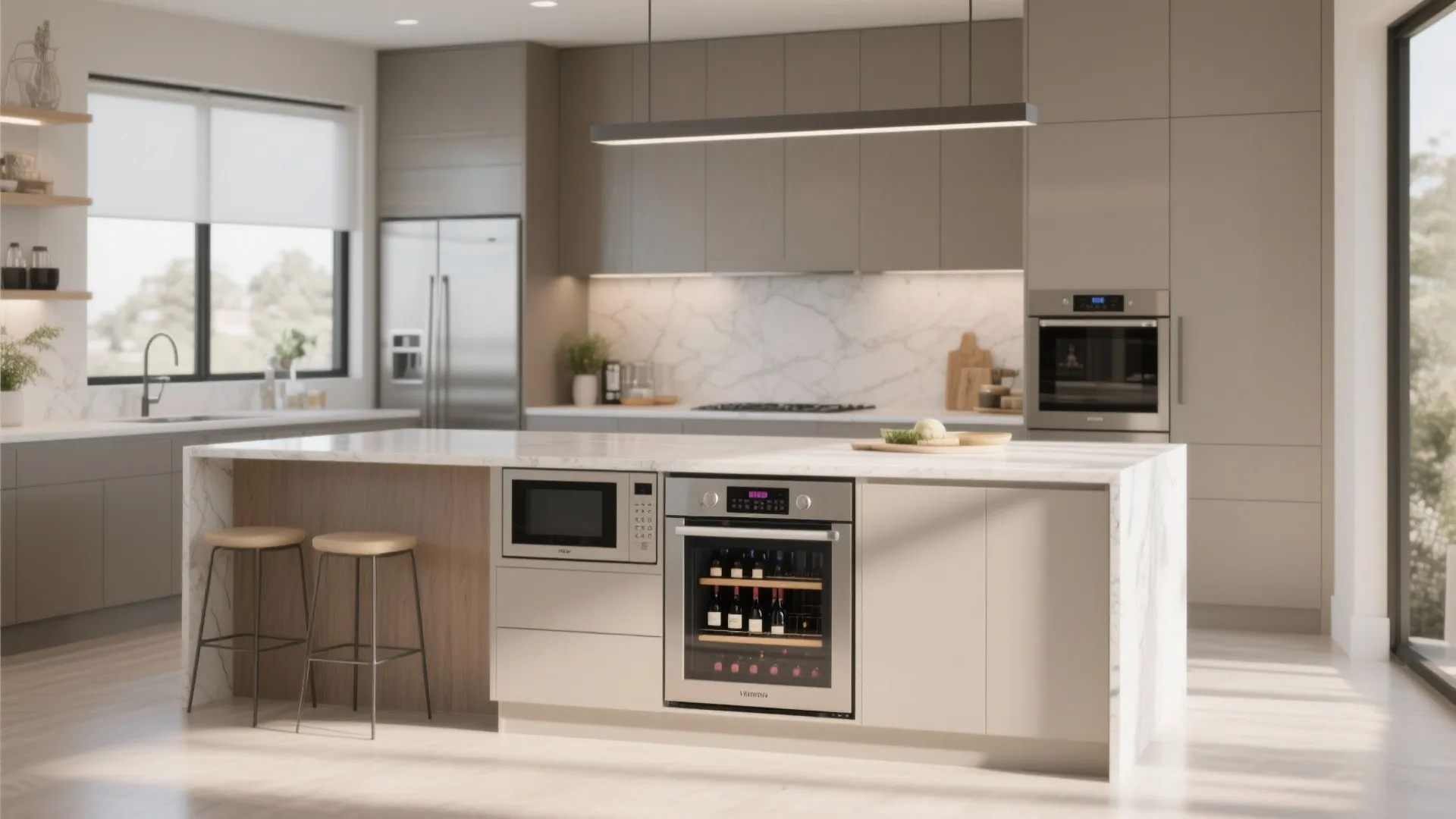 Modern kitchen island featuring a built-in wine cooler and microwave beside two simple bar stools
