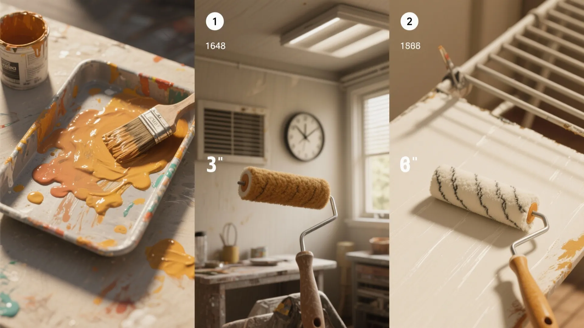Three panel image showing yellow paint tray paint roller and white wall with paint roller marks
