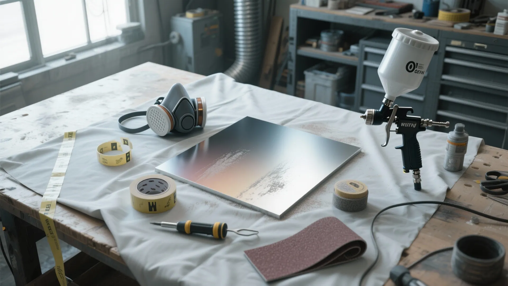 Top-down view of spray gun, respirator, masking tape and a metallic test panel on a workshop table.