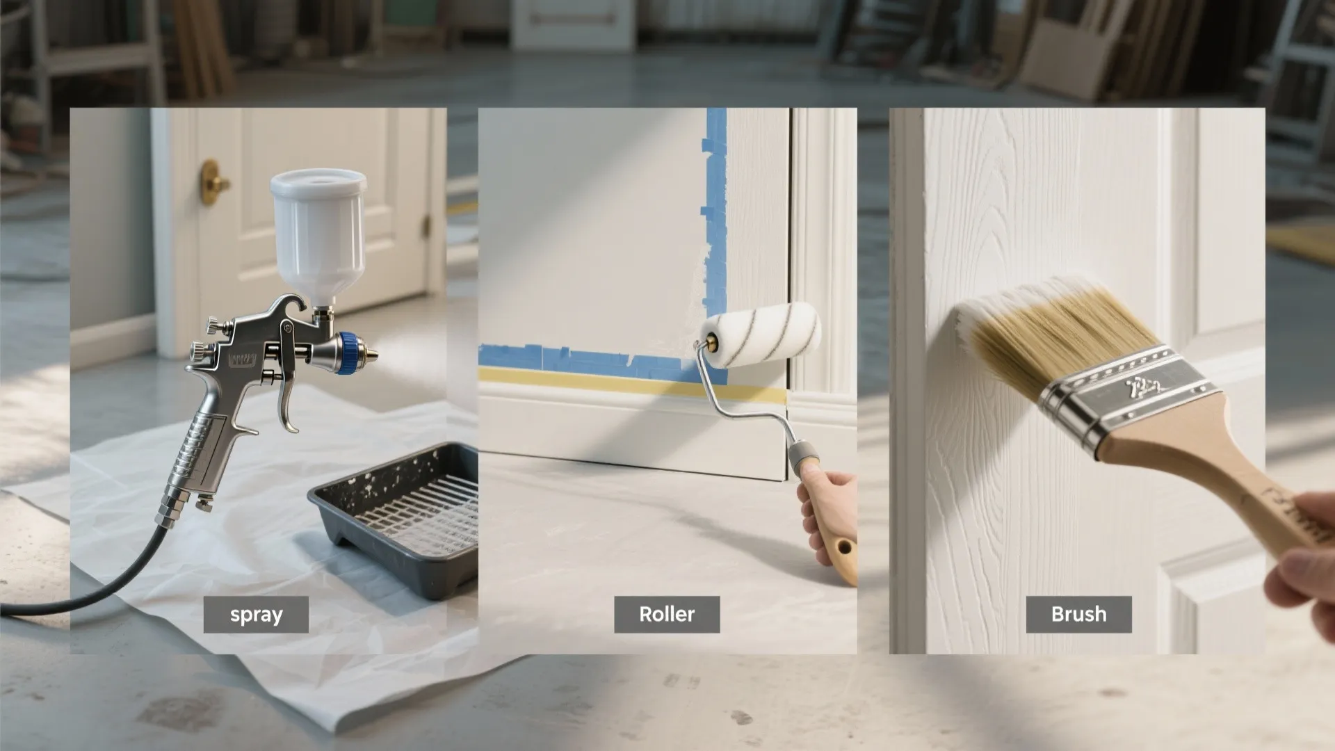 Three images showing door painting methods using a spray tool and roller and a paint brush