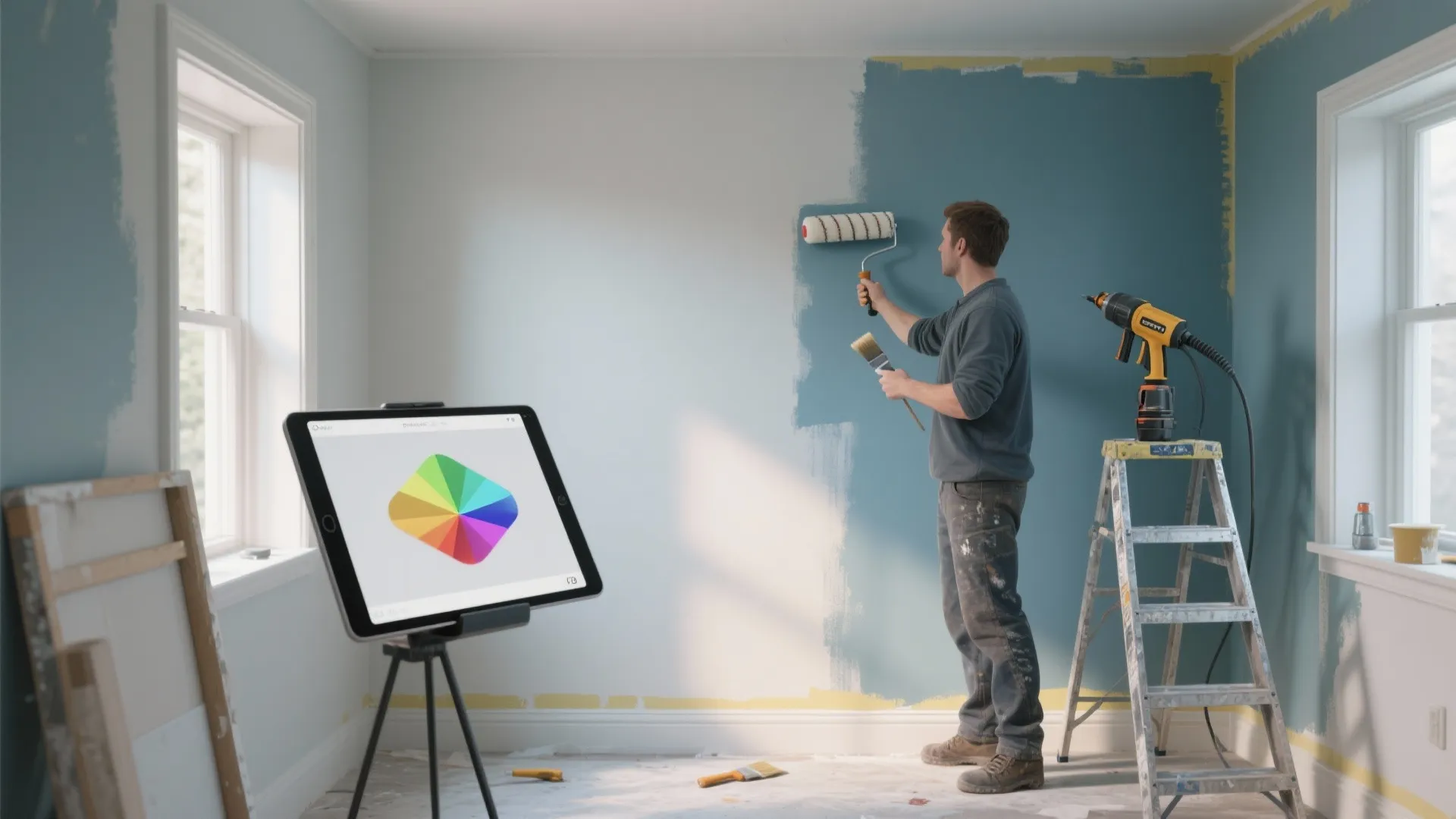 Man painting interior wall blue with roller using color wheel app on a digital tablet