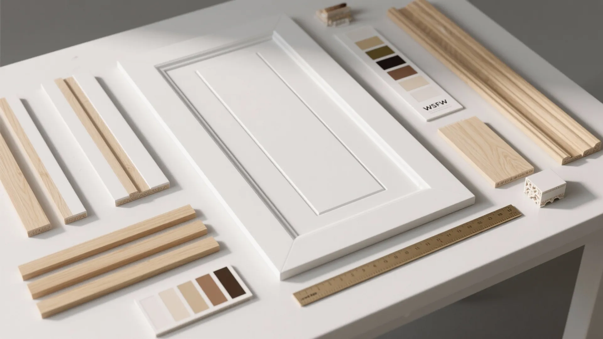 White cabinet door with wood samples color palette and ruler on a white work table