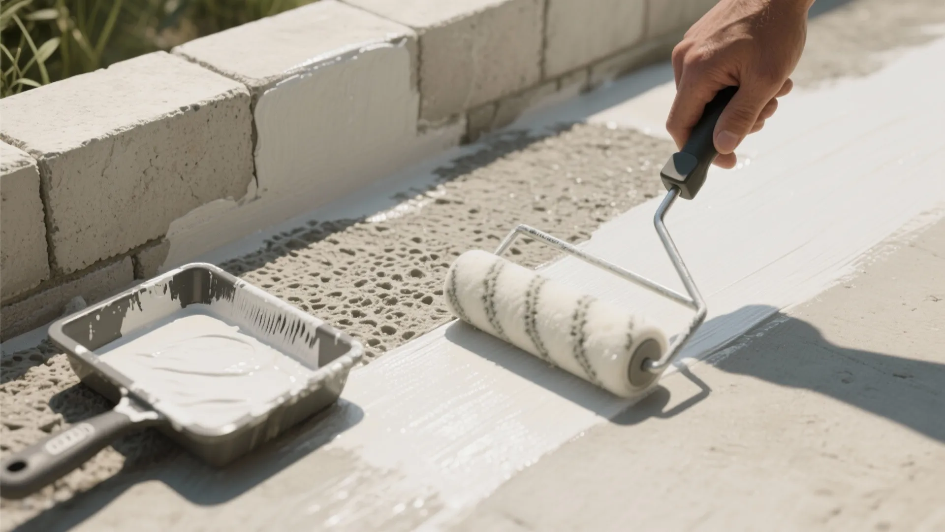 Hand using a paint roller to apply white paint on a flat outdoor concrete wall surface