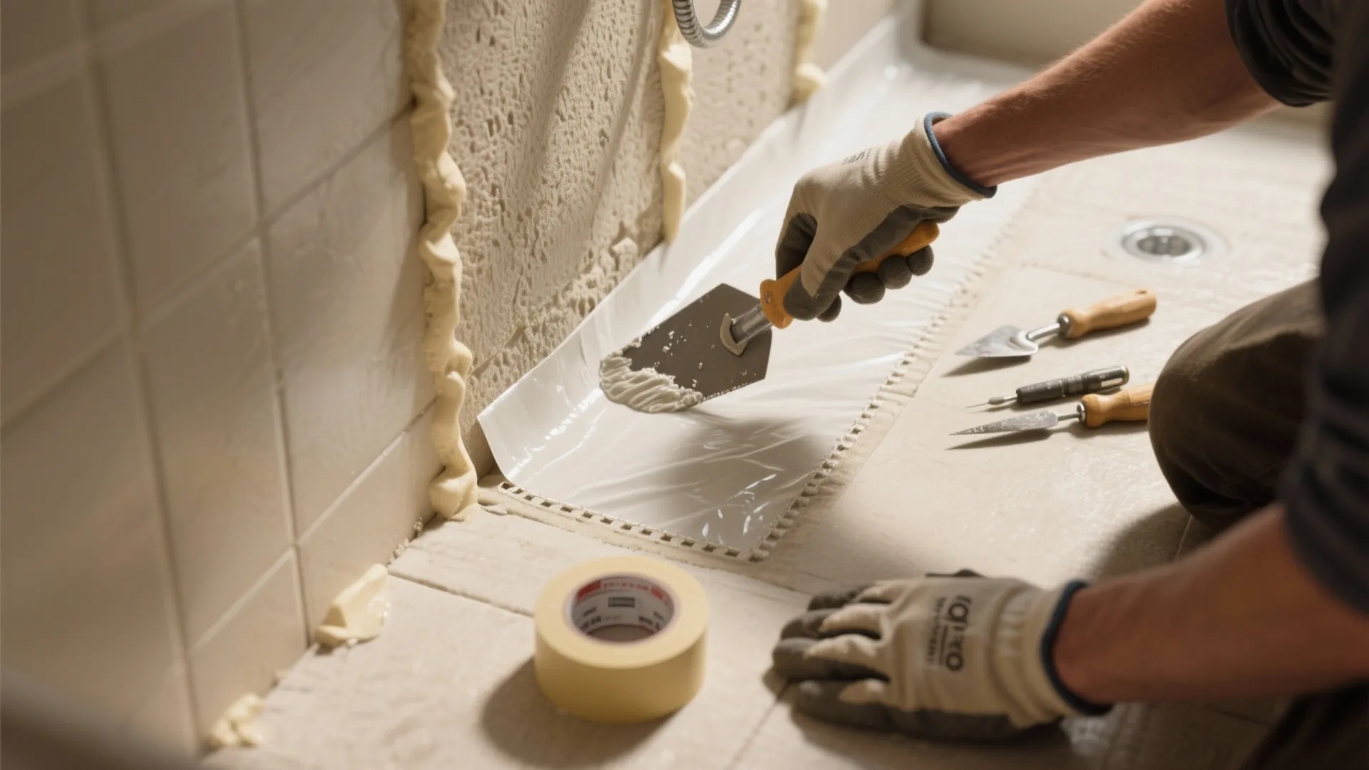Worker applying white waterproof material to bathroom floor using a small hand tool and tape