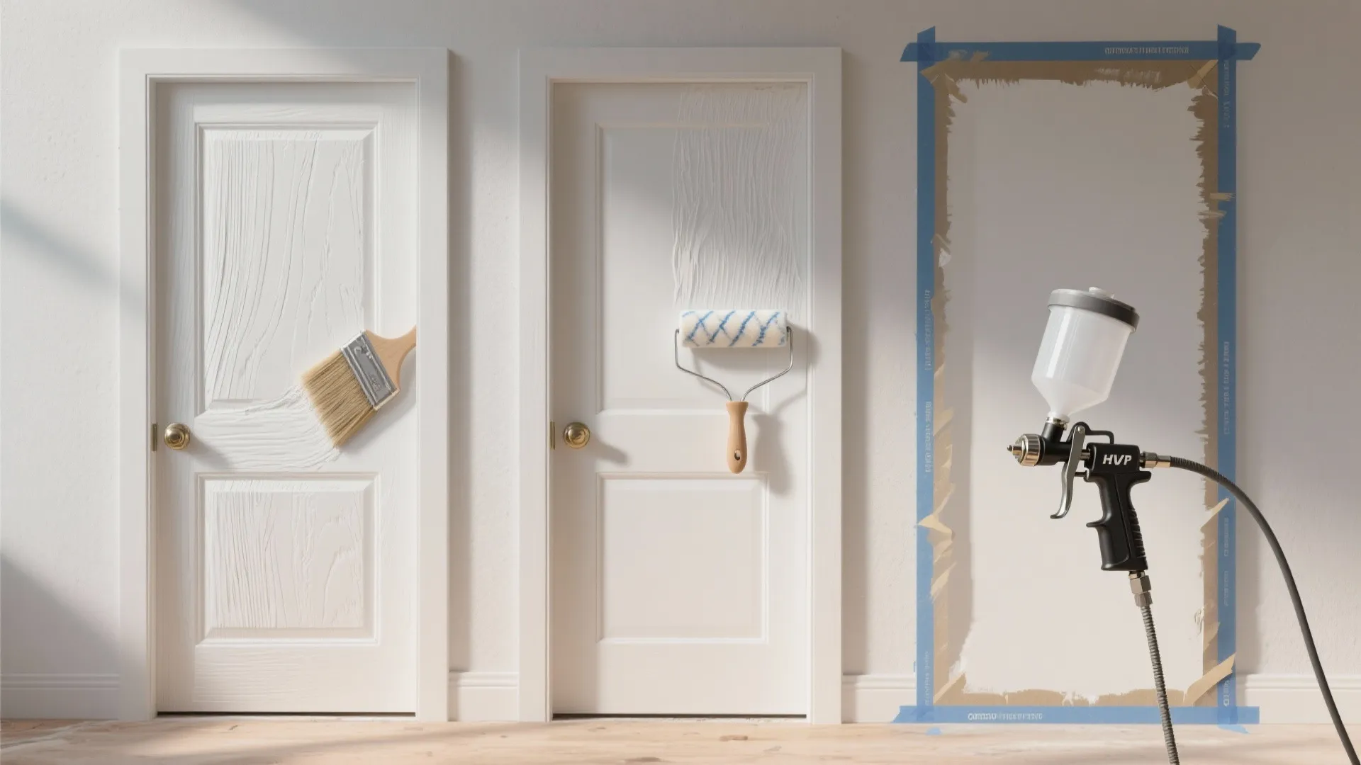 White doors being painted with a brush, a paint roller, and a professional spray gun
