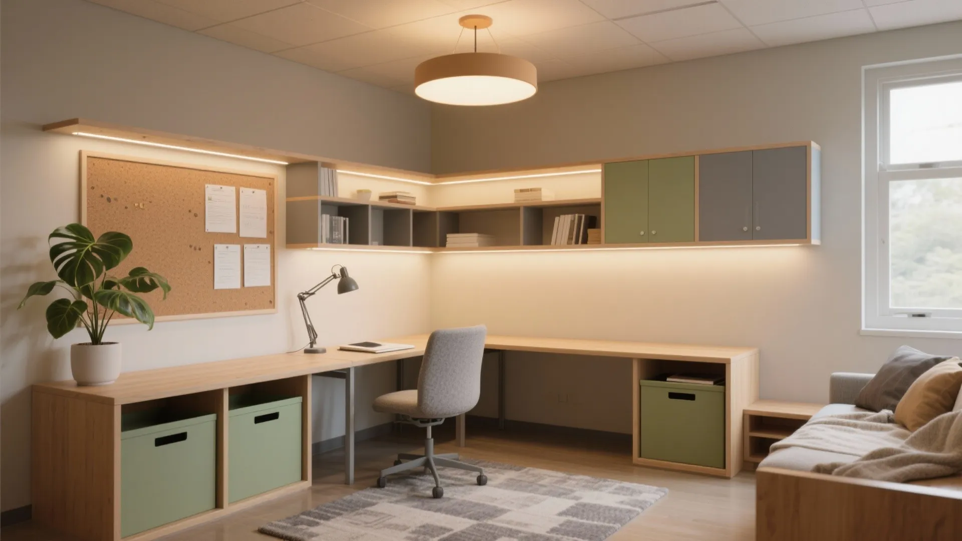 Modern study room with wooden desk grey office chair green storage boxes and ceiling light