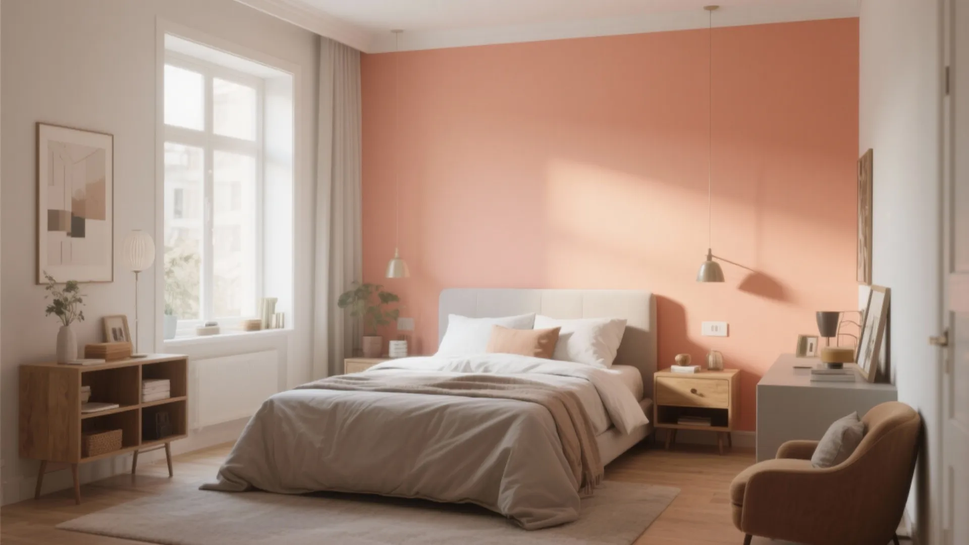 2. Apricot Accent Wall Behind the Bed