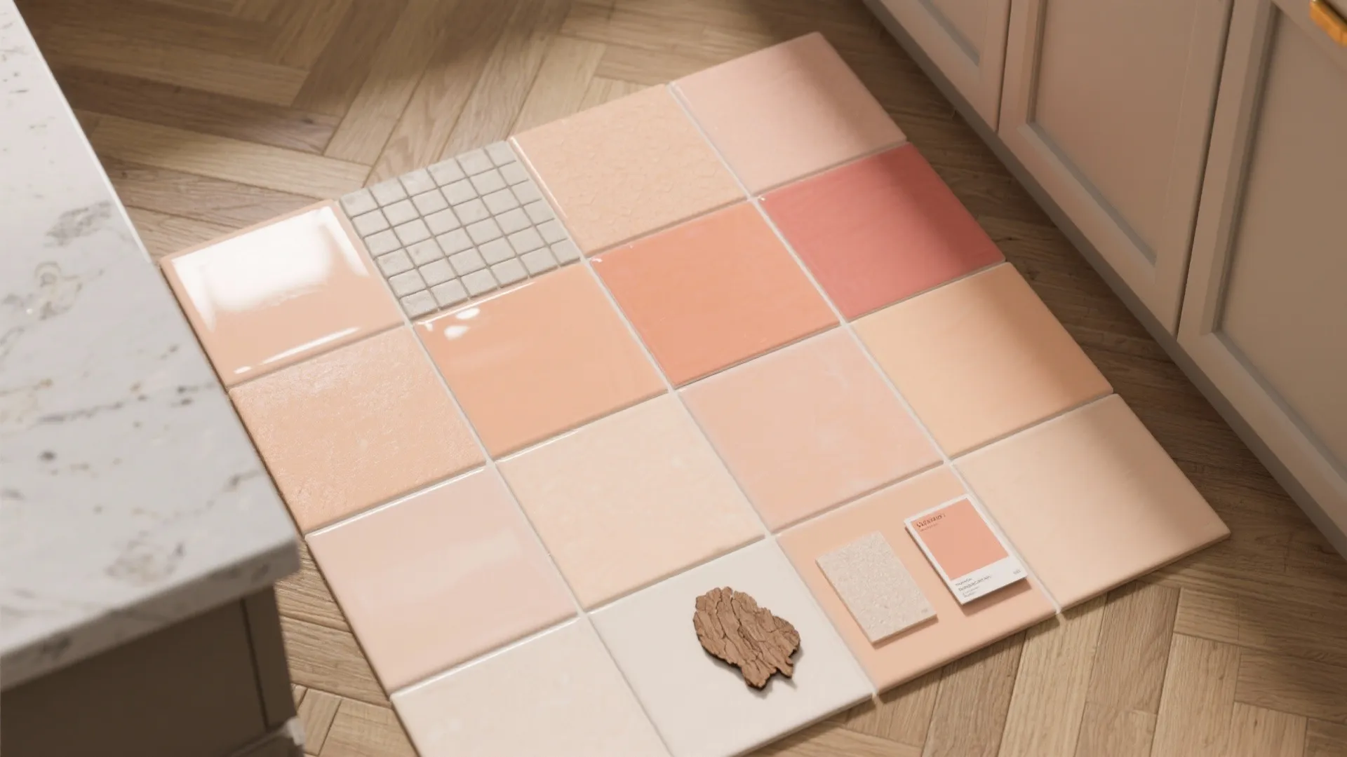 Various pink and apricot square wall tiles laid out on wooden floor for interior design selection