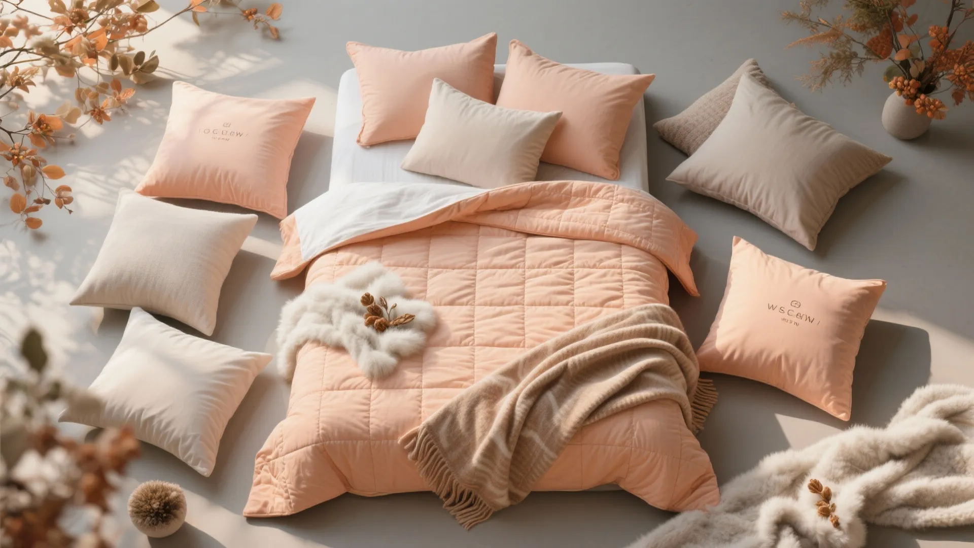 Top view of peach bedding set with several pillows soft blanket and fuzzy white rug