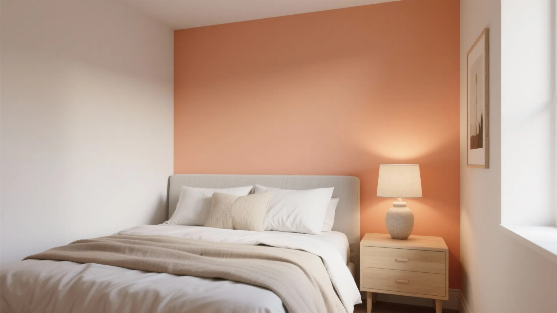 Minimalist bedroom with orange feature wall white bedding wooden bedside table and warm table light fixture