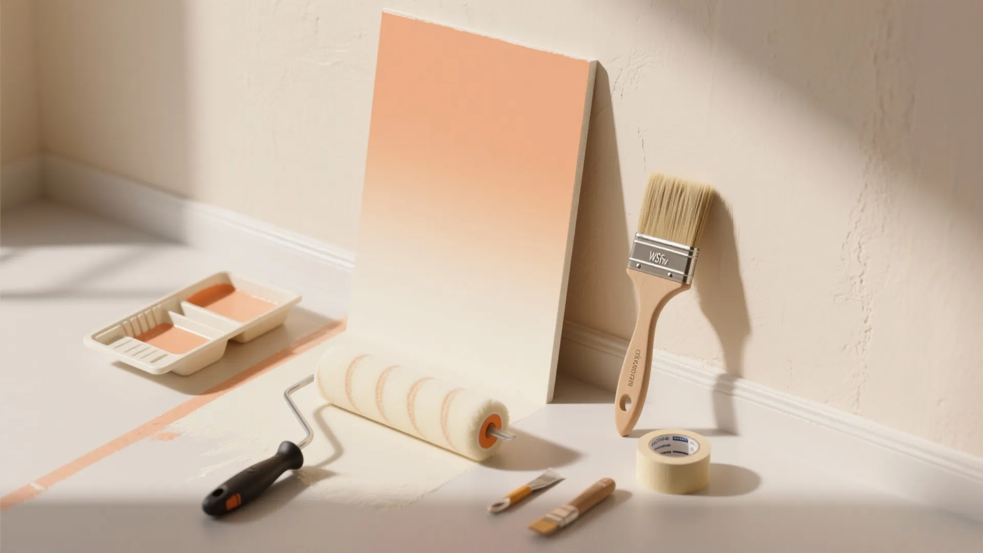 Wall painting tools including paint roller brush tape and tray next to orange gradient color board