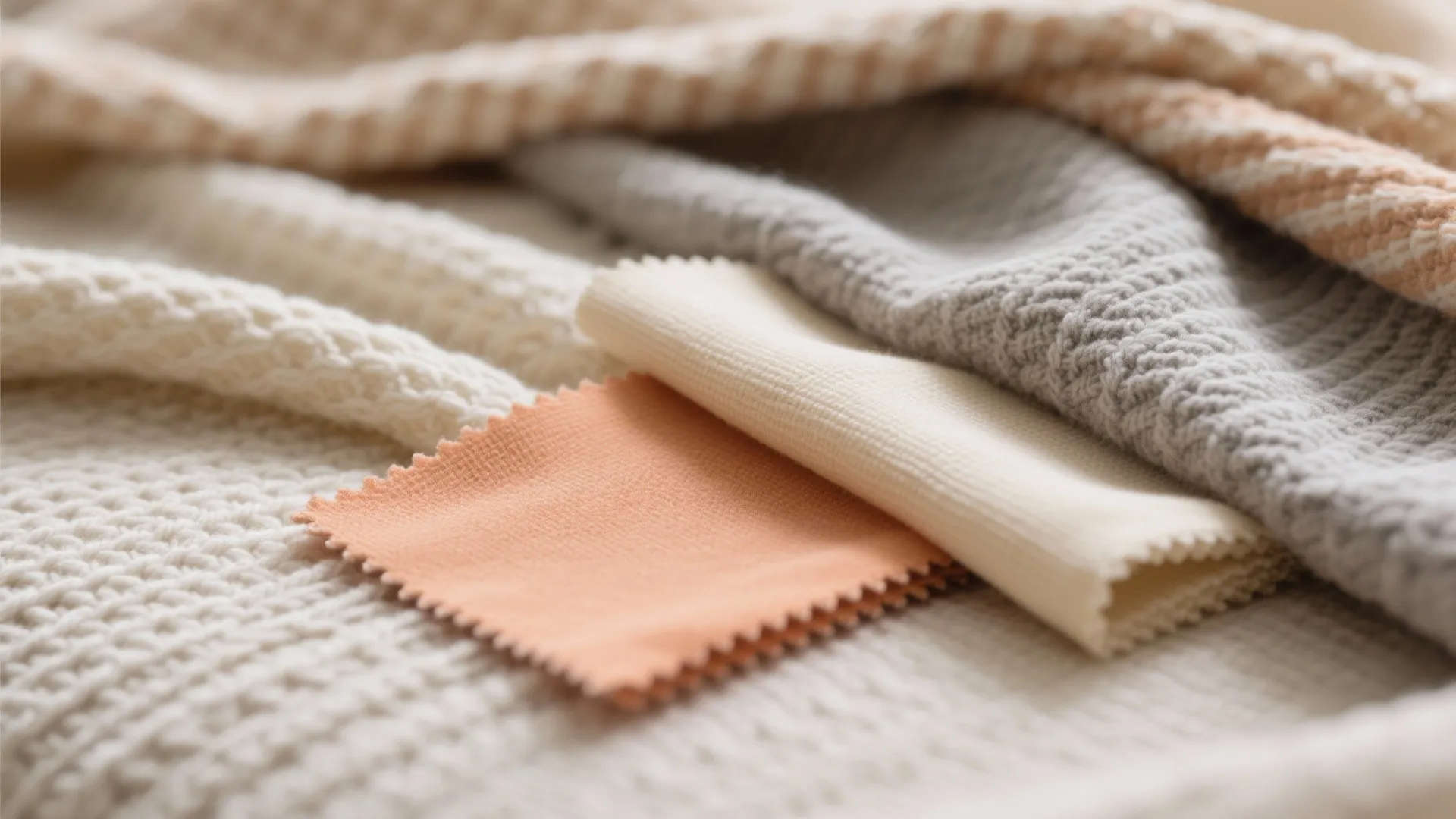 Close up of various fabric texture samples in shades of white grey and soft orange