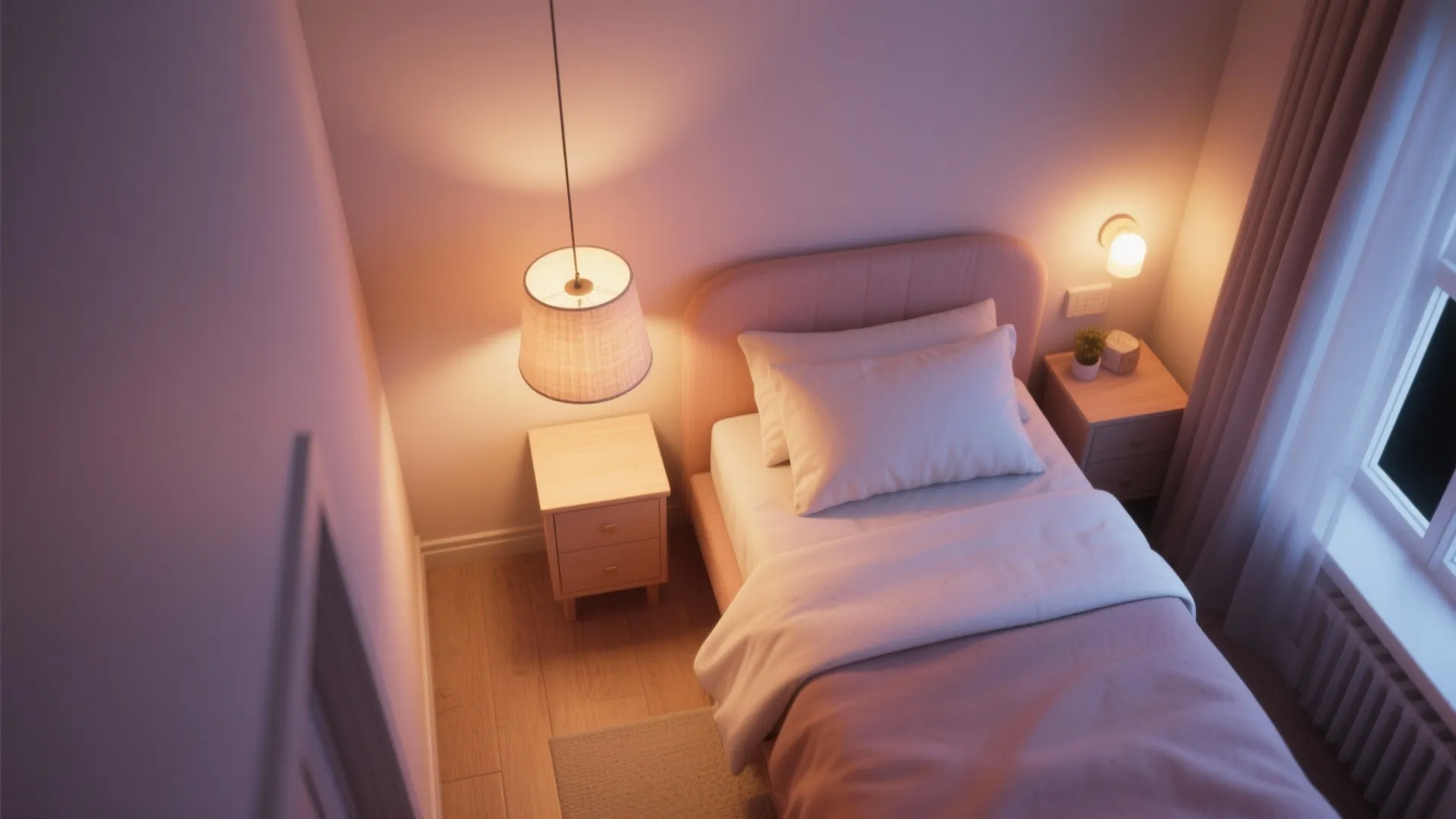 Cozy bedroom with single bed pink walls warm hanging ceiling light and light wood floor