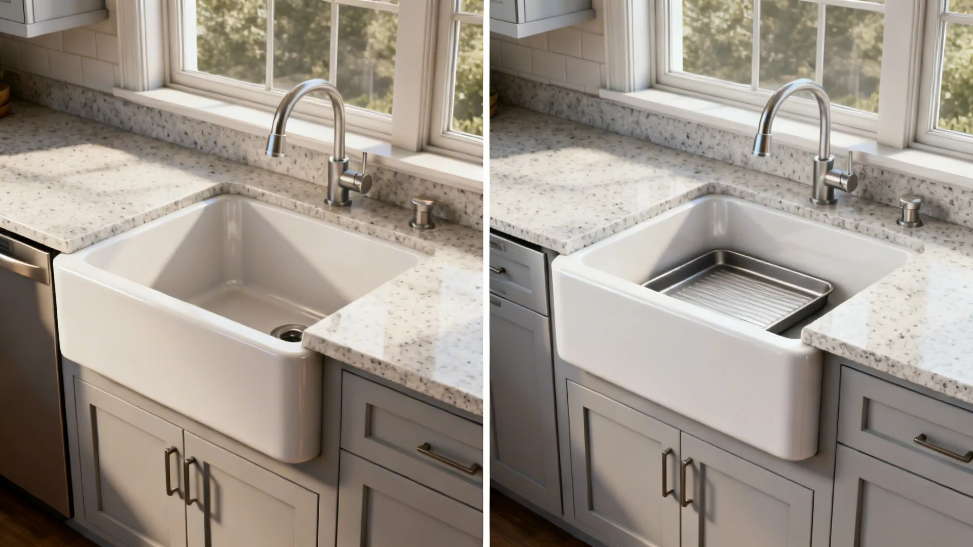Before-and-after of a compact kitchen switching from a standard sink to a 24-inch apron-front model.