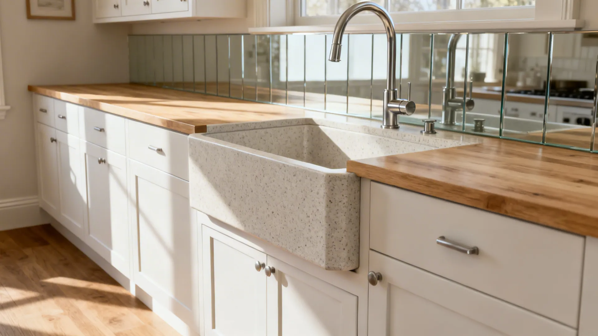Apartment kitchen with a light composite apron-front sink and glass backsplash.