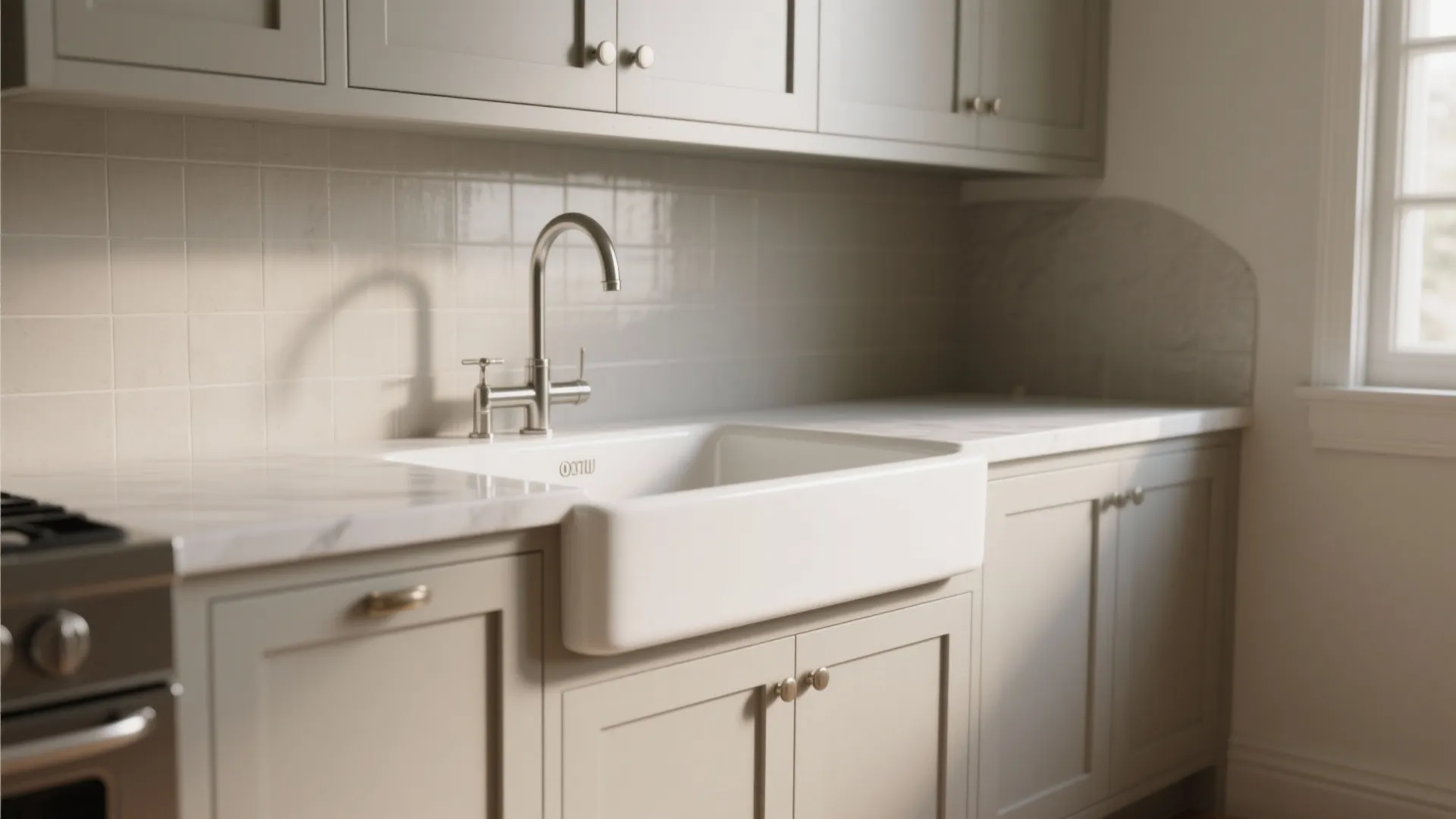 Light grey kitchen cabinets with white marble countertop silver faucet and large white apron front sink