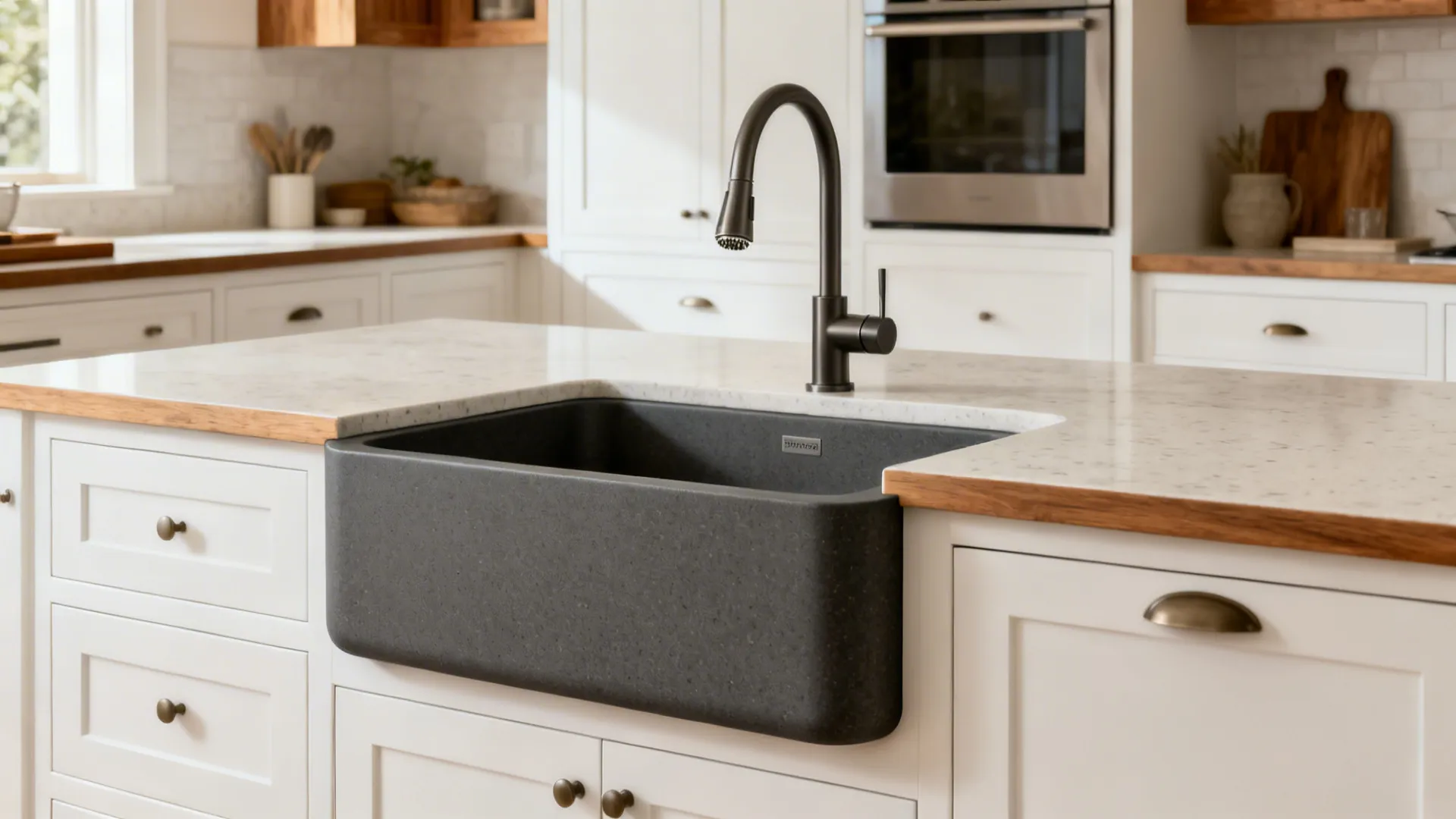 Compact kitchen with a shallow apron-front matte charcoal granite sink as a sculptural focal point.