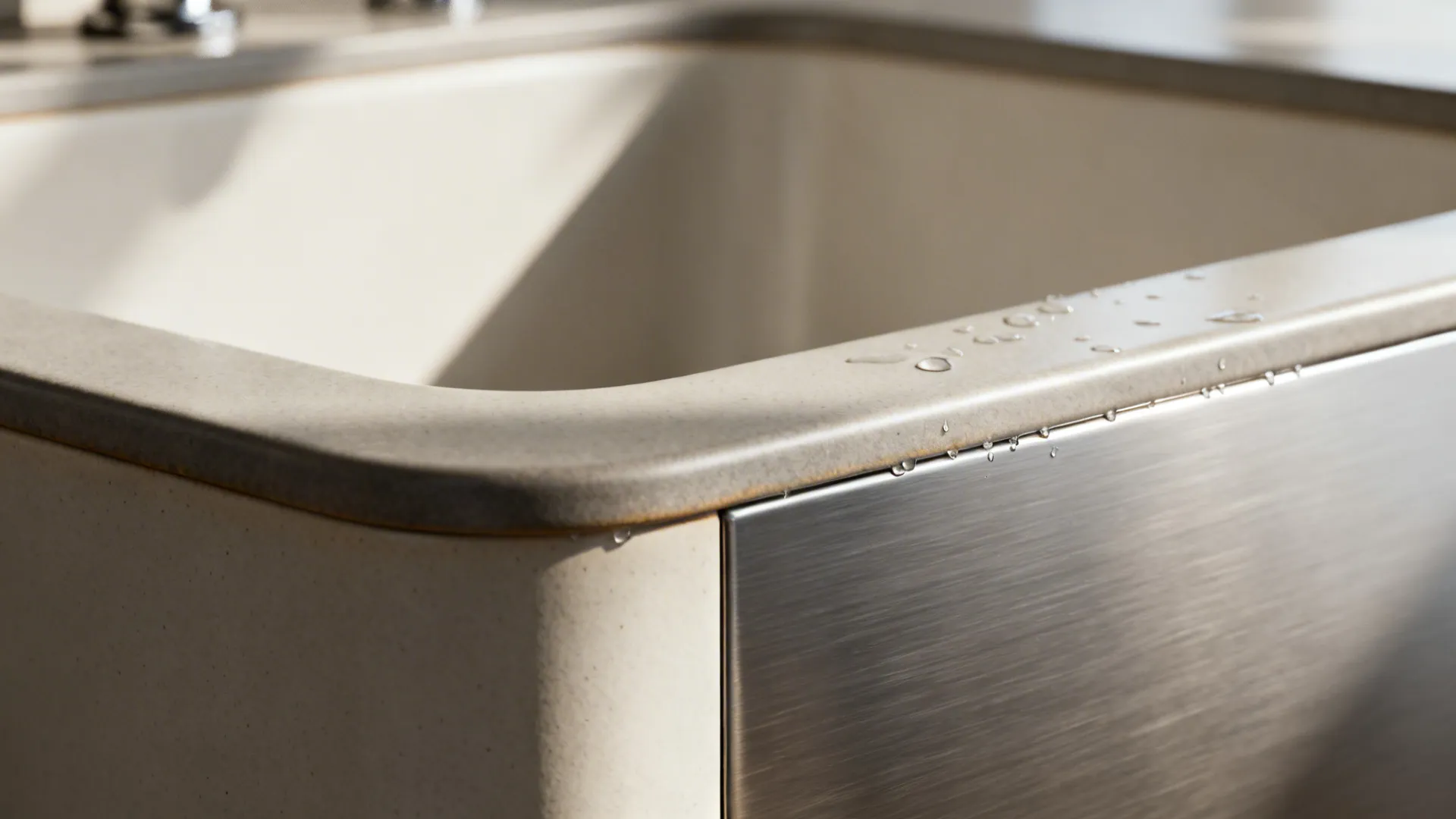 Macro of a slim apron-front sink edge showing reduced counter overhang and smooth finish.