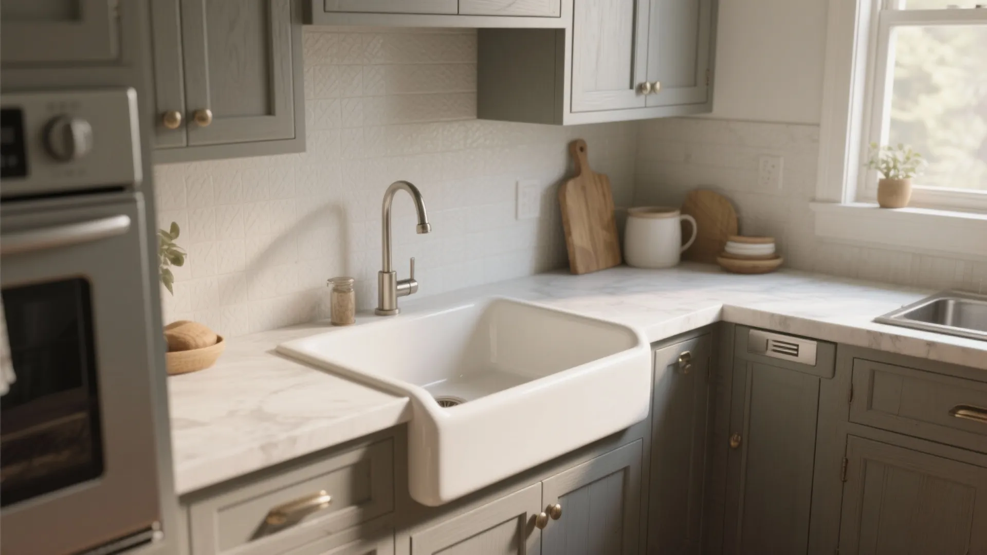 Small kitchen with a drop-in apron-front white sink and modified cabinets for a seamless fit.