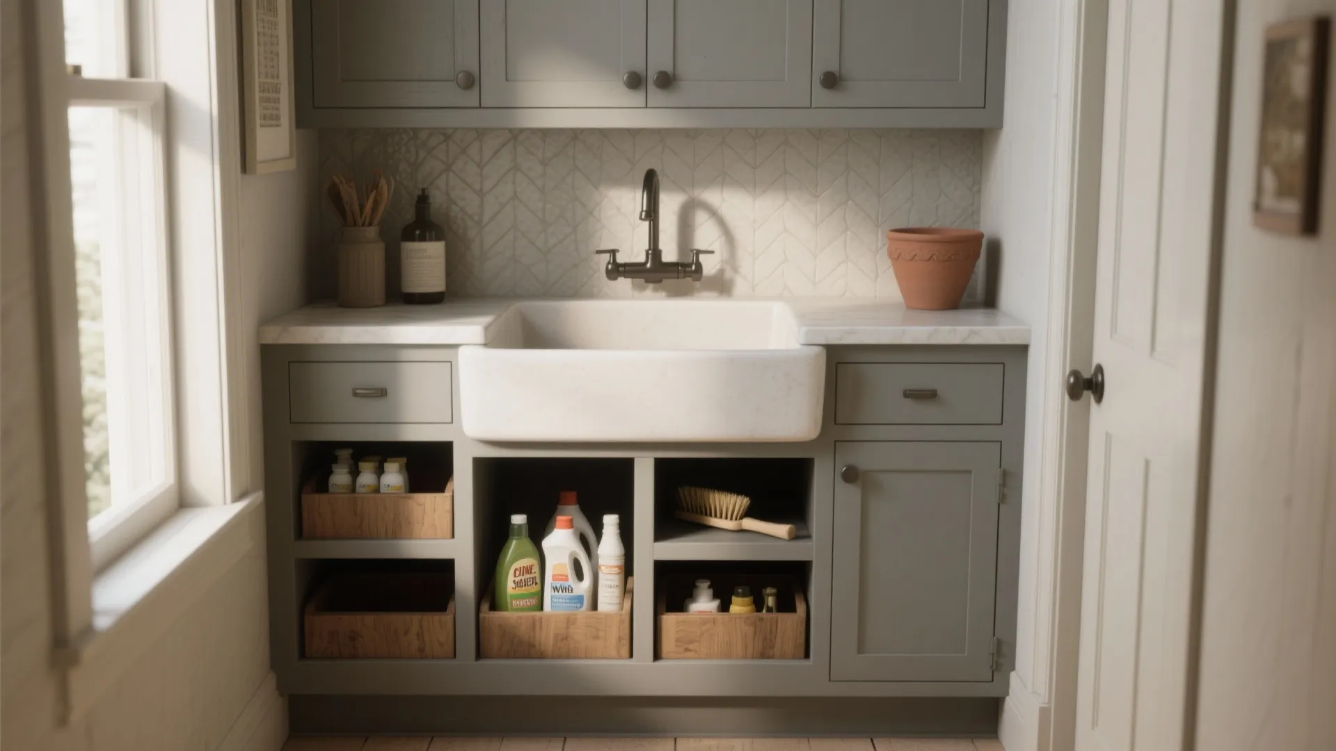 Grey laundry room cabinets featuring a white farmhouse sink with cleaning supplies in wooden baskets