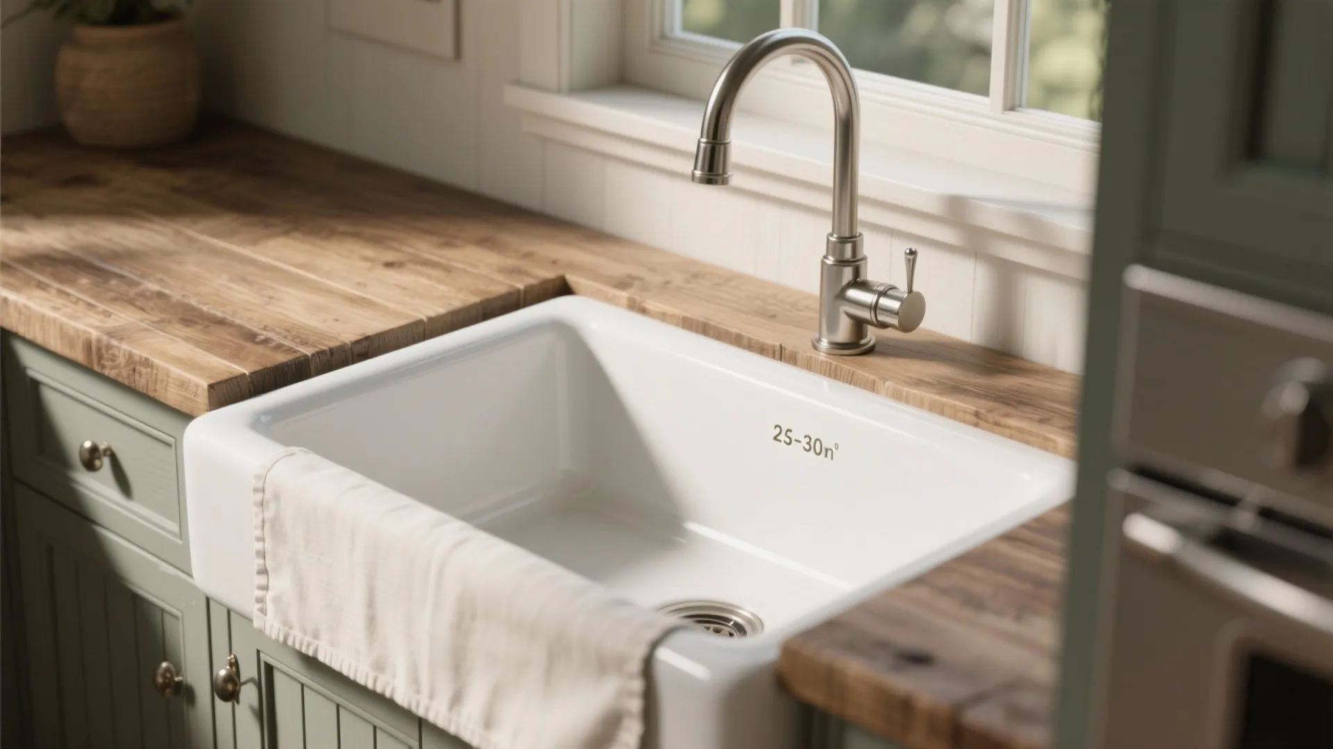 2. Apron-front sink + compact farmhouse fixtures